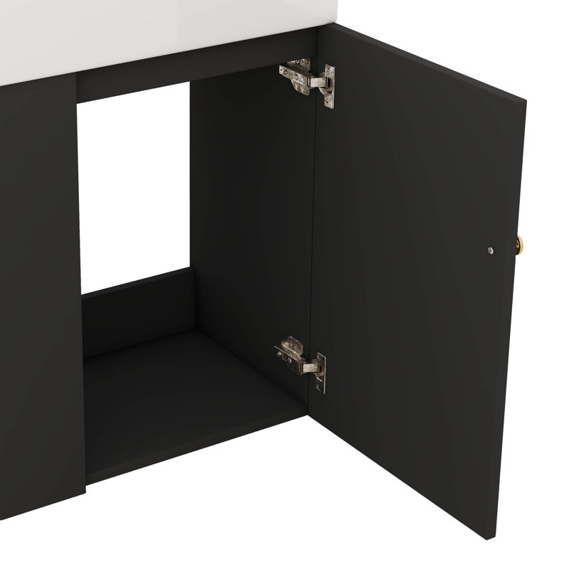Meuble-lavabo compact de 20 po, lavabo en céramique, poignées dorées, tablettes de rangement latérales, Noir