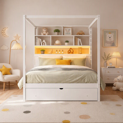 Cadre de lit à baldaquin en bois avec tête de lit bibliothèque, prises USB, éclairage DEL RVB intelligent et rangement sous le lit