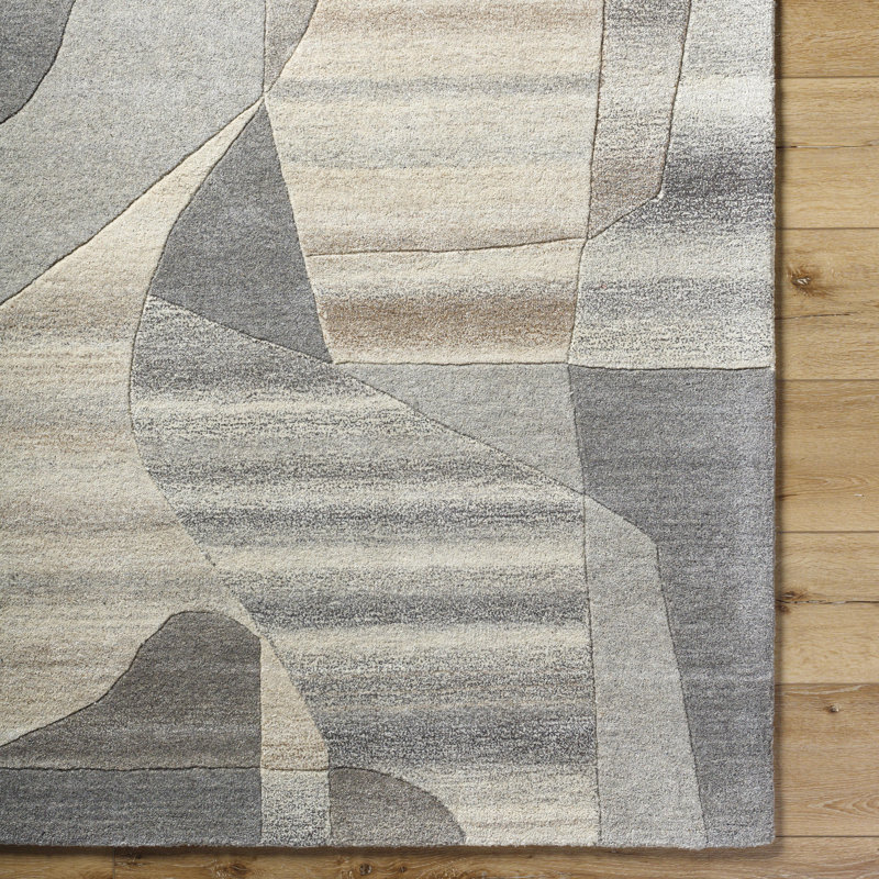 Tapis abstrait en laine touffeté à la main noir / beige / gris Shaunna, Rectangle 8 pi x 11 pi