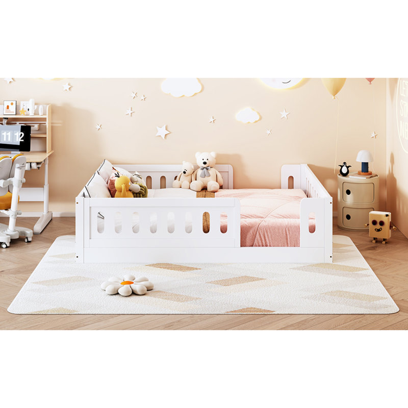 Lit plateforme en bois pleine grandeur avec garde-corps, blanc, White