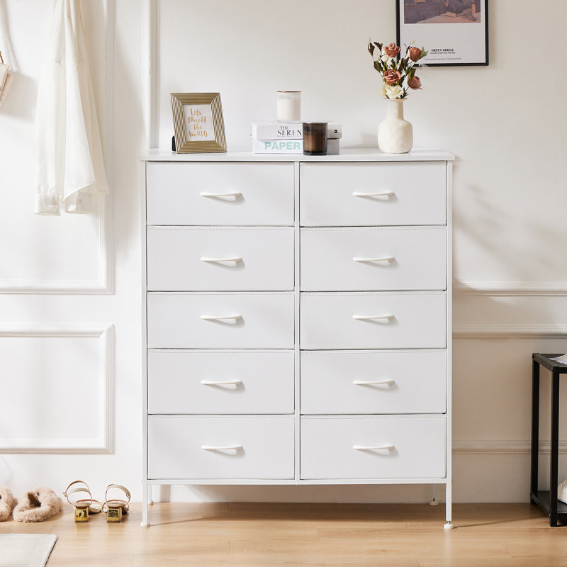 10 - Drawer 31.4" W Fabric Dresser with Wood Top, Storage Chest, White