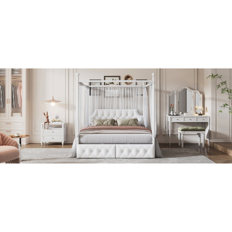 Grand lit plateforme à baldaquin en métal avec tête de lit tapissier et 2 étuis de rangement, blanc pour 2 tablettes