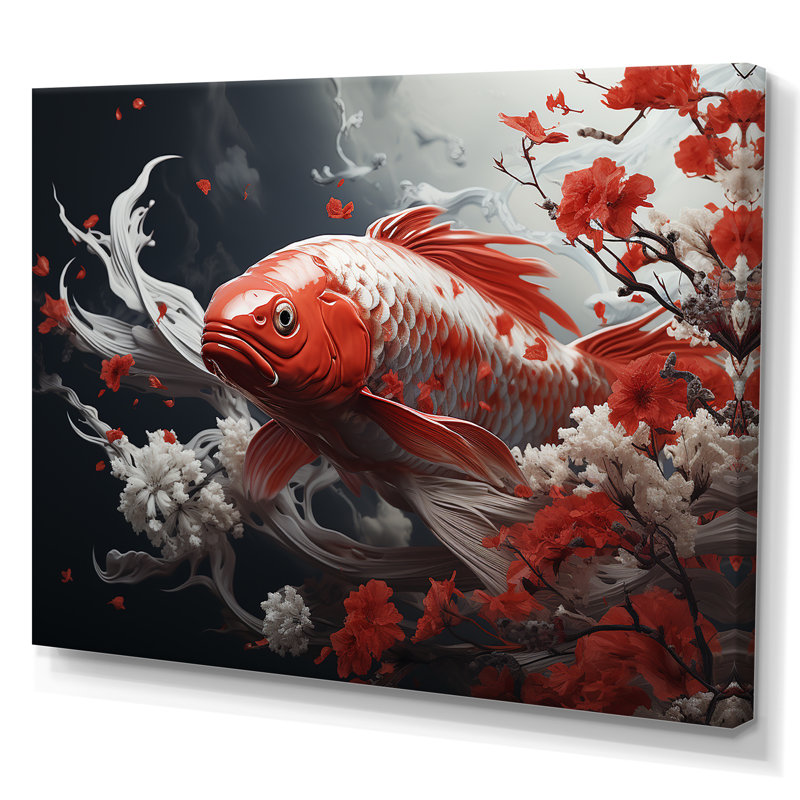 Kois rouge et gris nageant avec sérénité IV sur toile, Toile tendue, H 24 po x l 32 po x P 1 po