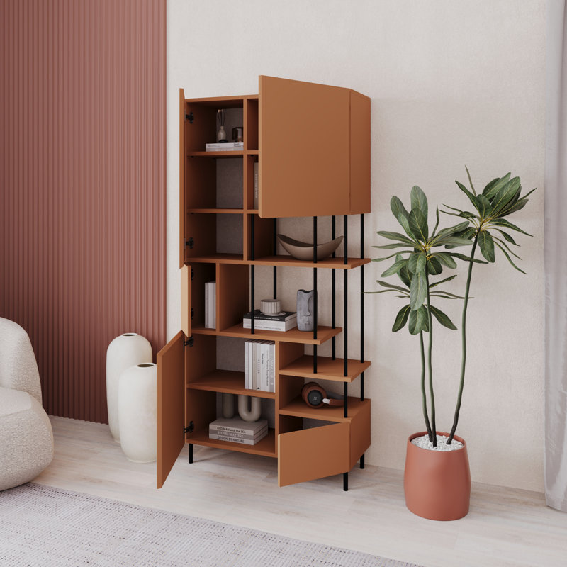 Key Modern Bookcase Display Unit with Closed Cabinets and Open Shelves, Cinnamon