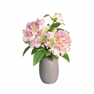 Realistic Faux Peony Set in Matte Gray Vase for Tabletop Decor