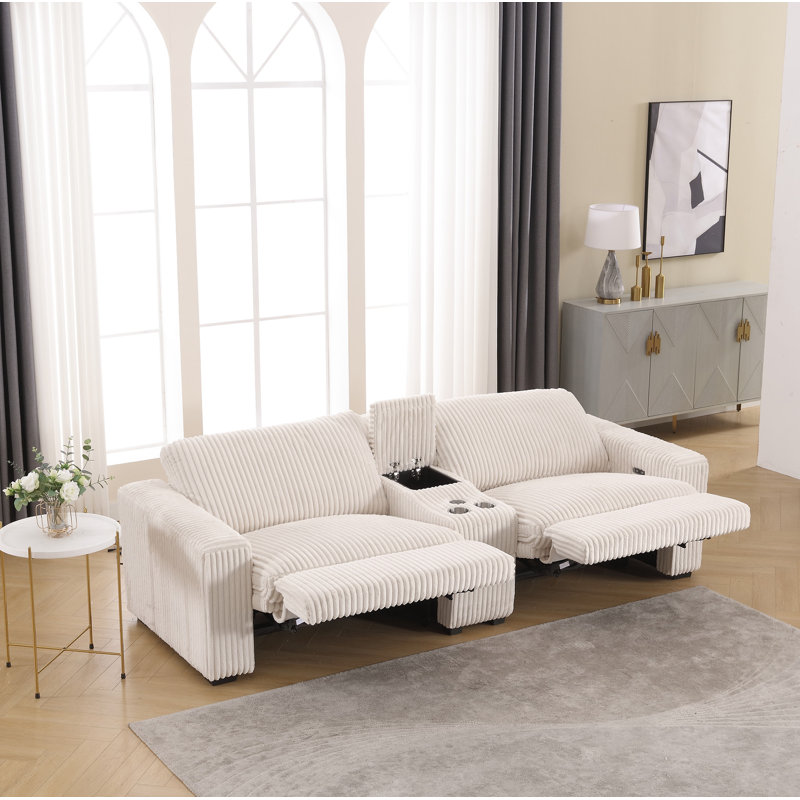 Annistyn 100'' Corduroy Power Reclining Loveseat Sofa, Alabaster White Corduroy