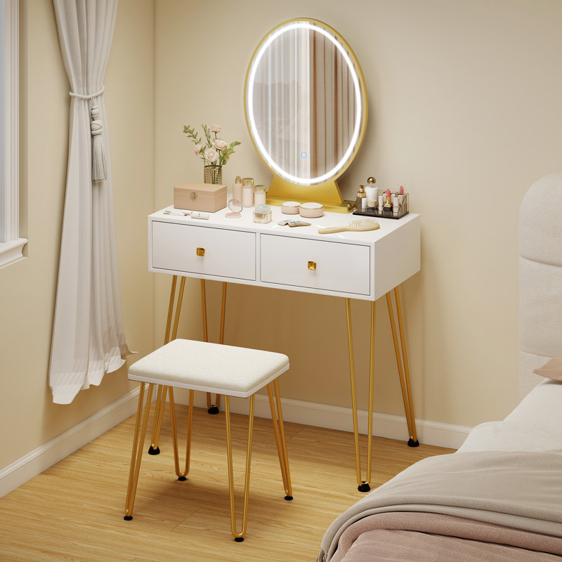 Nutt Dressing Table with Mirror and Stool with LED Lights 2 Drawers White