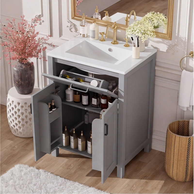 Ensemble de meuble-lavabo 24 po avec lavabo en céramique - gris, bois massif et panneau de fibres à densité moyenne, conception compacte avec 2 portes à fermeture en douceur
