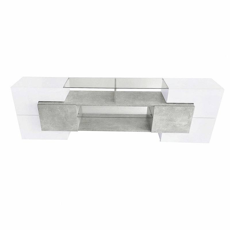 Meuble télé de forme unique avec 2 tablettes en verre éclairées, centre de divertissement ultrabrillant, convenant aux téléviseurs de 88 pouces et moins, meuble télé multifonctionnel avec lumières DEL à changement de couleur, gris