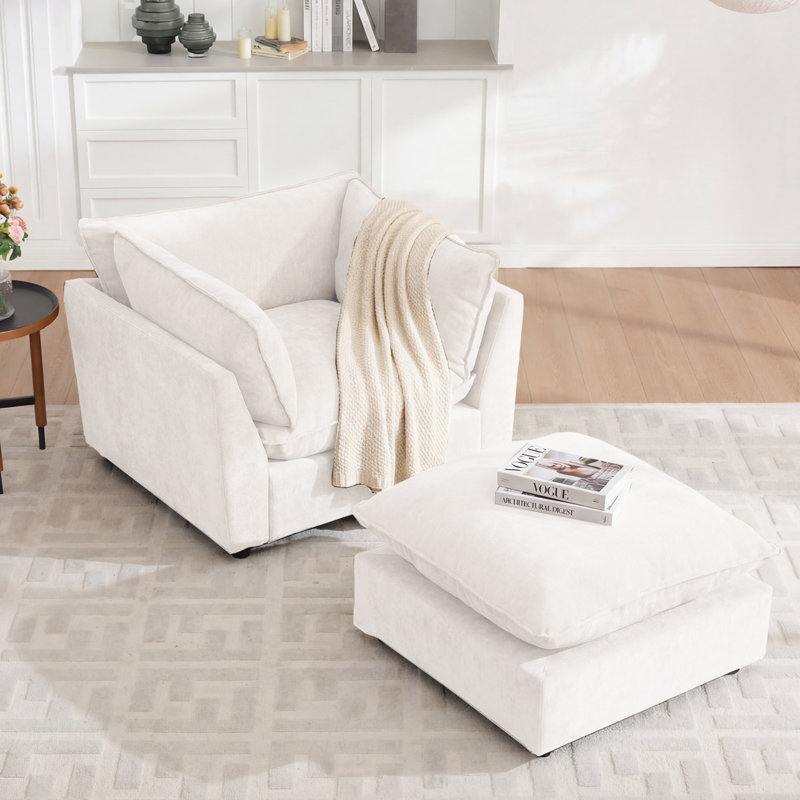 Fauteuil d'appoint avec repose-pieds 44,49 po Heffernan, Chenille blanche
