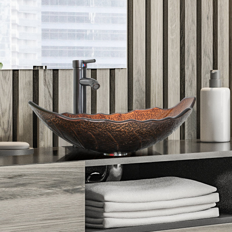 Vasque en verre artistique en forme de bateau pour salle de bain, couleur feuille brune, Brun