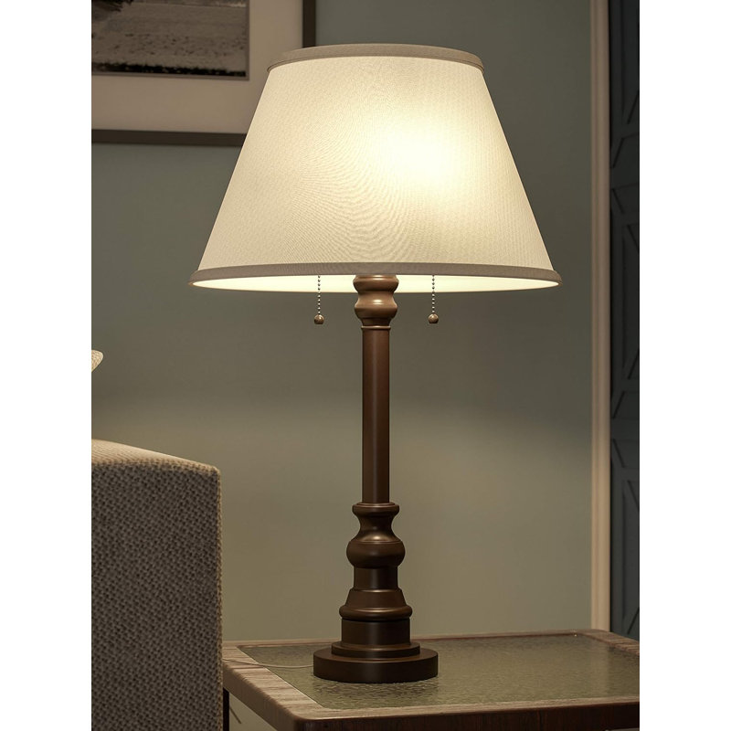 Bronze Table Lamp - Classic Retro-Modern Style With Linen Shade And Pull Chain Switches