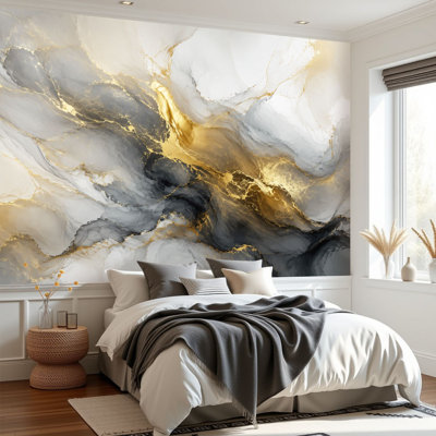 Papier peint auto-adhésif de luxe, technique de peinture fluide abstraite, effet marbre doré noir, papier autocollant amovible, décoration murale pour salon, chambre à coucher H 69 po x l 96 po