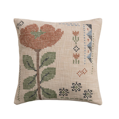 Embroidered Cotton Slub Floral Pillow