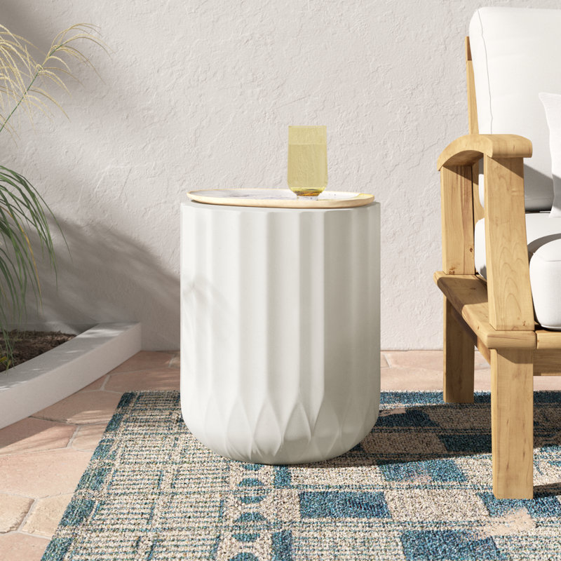Ilene Round Concrete Outdoor Side Table, White