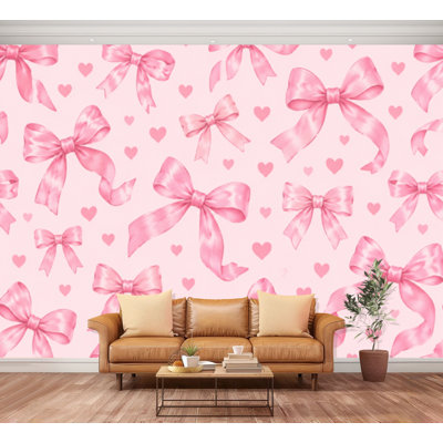 Papier peint adhésif repositionnable à motif ruban rose, nœud, cœur et bannières rouges, style féminin et tendance. Grand format, amovible et autocollant, idéal pour le salon, la chambre ou la chambre d'enfant (254 cm x 366 cm).