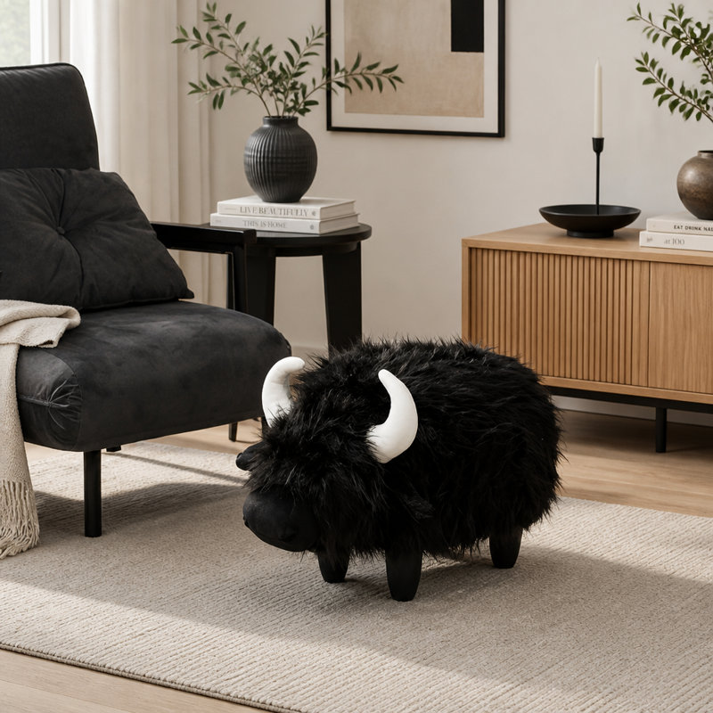 Repose-pieds vache avec rangement caché et tissu de fourrure à poils longs doux