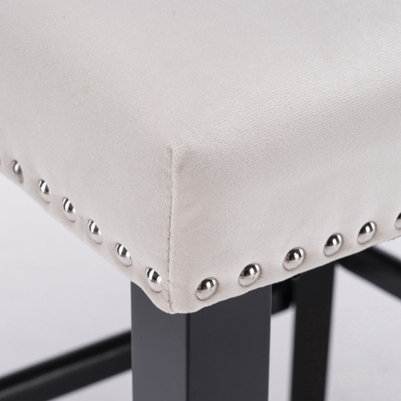 Velvet Wing-Back Bar Stools Set Of 2 With Button Tufted Decoration And Wooden Legs, Beige
