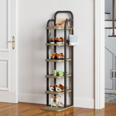 Narrow Multiple Tier Vertical Shoe Rack with Adjustable Shelves and Hooks for Entryw