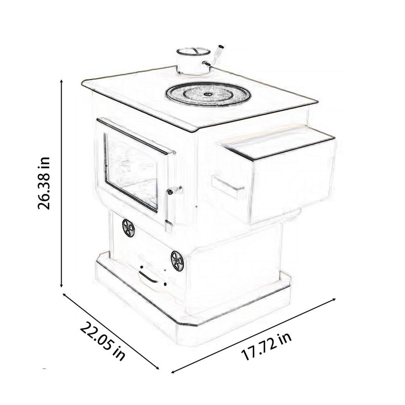 A wood stove warms the fireplace in winter