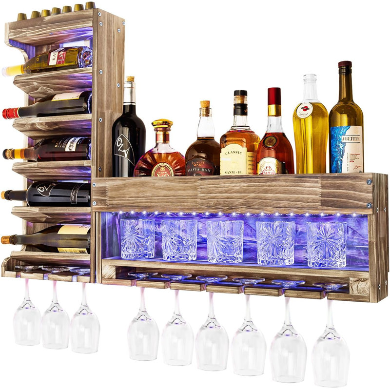 Porte-bouteilles de vin avec éclairage mural à DEL en bois, étagère à alcool avec porte-verres à pied en verre rustique, rangement pour boissons alcoolisées avec rangement en liège