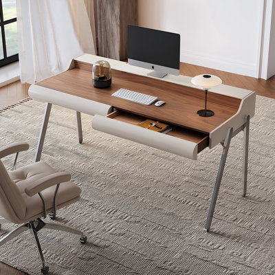 Brown and White Rectangular Solid + Manufactured Wood Writing Desk,2drawer