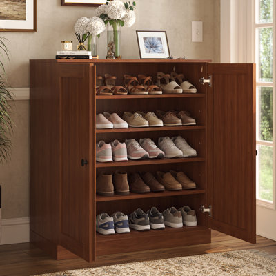 Armoire de rangement à chaussures 100% en bois massif avec portes Shaker, tablettes réglables, organisateur de vestibule empilable peu encombrant, l 32 po x H 35,75 po