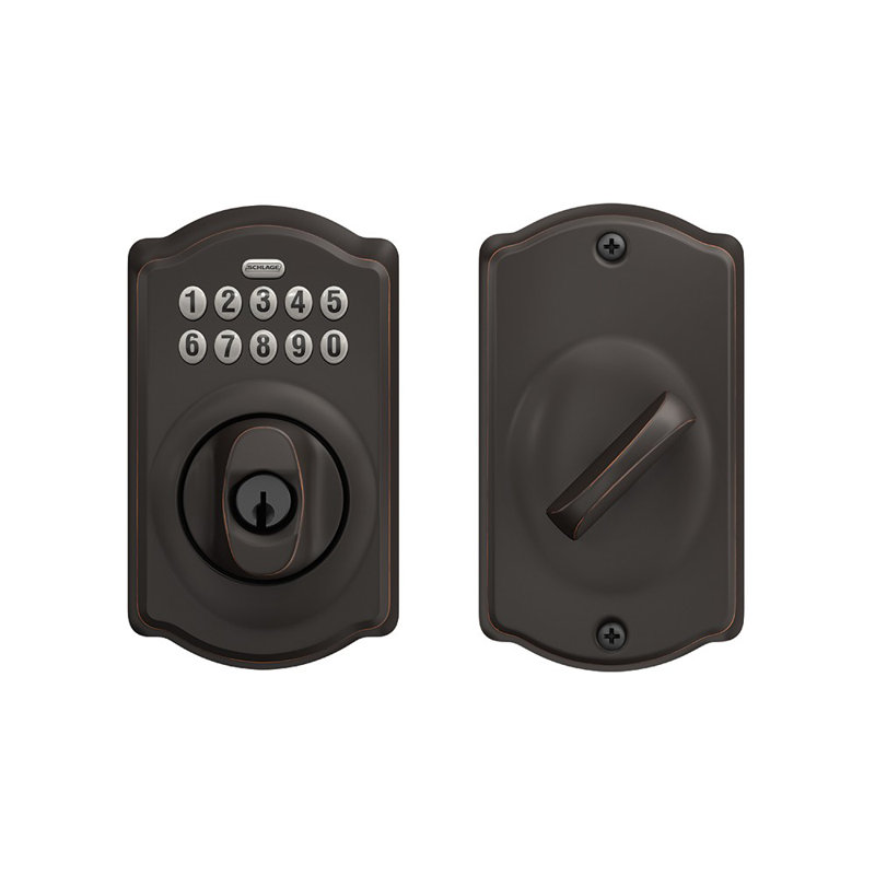 Schlage Keypad Deadbolt with Camelot Trim, Aged Bronze, Yes