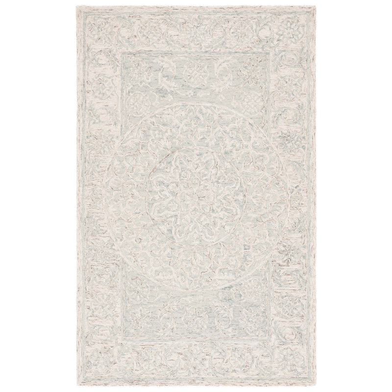 Lounette Hand Tufted Wool Cotton Floral Rug in Light Blue/Beige, Rectangle 3' x 5'