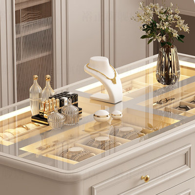 39.37"Beige jewelry display cabinet with drawer-style storage compartments