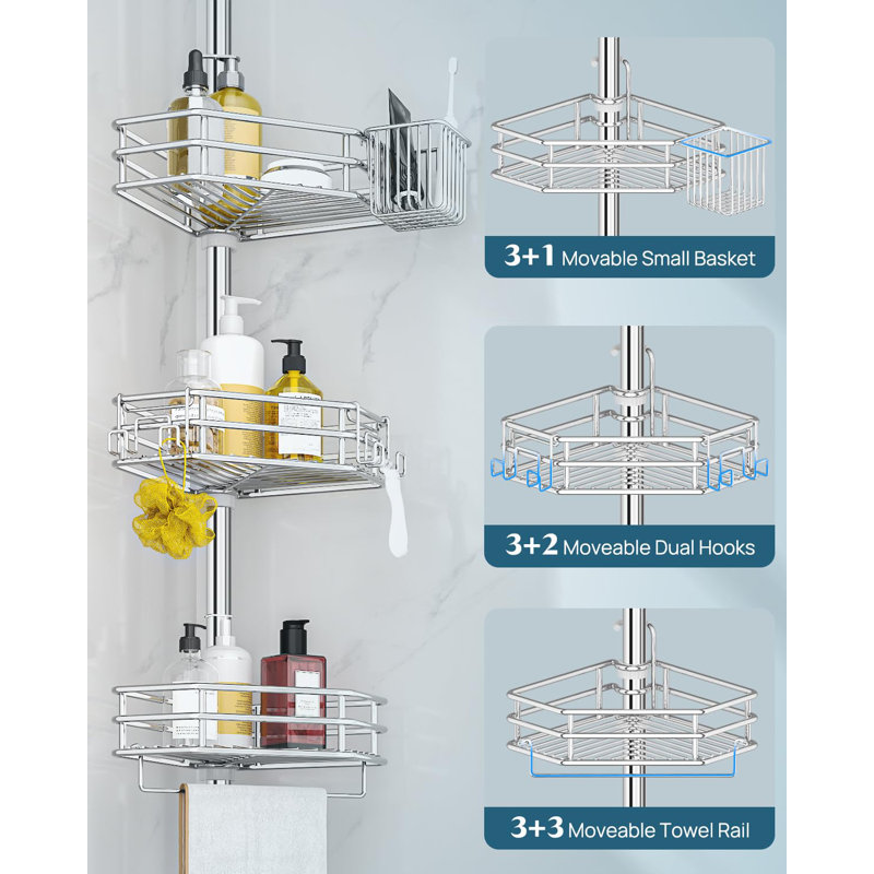 Barre de tension de coin pour chariot de douche, installation rapide, coin de rangement de salle de bain antirouille pour rangement pour shampooing de baignoire, tablette réglable à 4 niveaux, sans perceuse, convient pour une hauteur de 34 à 116 pouces, argent