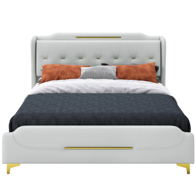King Size Bed Frame In Grey With Pu Leather Upholstery, Wingback Headboard, , Gold Metal Decoration, 800 Lbs Weight Limit, Construction No Box Spring,