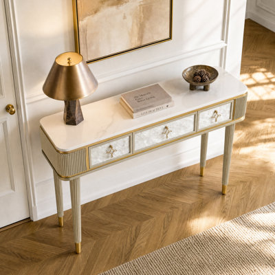 47" Luxury Console Table with Sintered Stone Top, Shell Veneer and Gold Accents, 3-Drawer Storage Cabinet Fully Assembled for Hallway Living Room