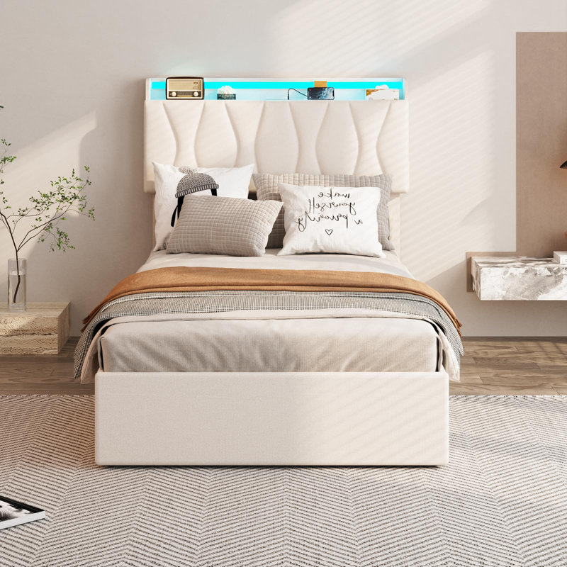 Lit plateforme tapissier Helmgard, Blanc, Lit simple