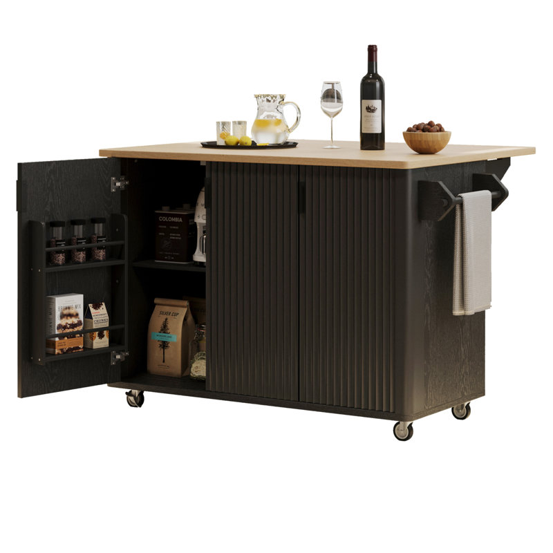 51" Fluted Kitchen Island With Drop Leaf, Farmhouse Accent Kitchen Island On Wheels With Internal Storage Rack, Rolling Kitchen Cart With Towel Rack For Kitchen, Dining Room Ash