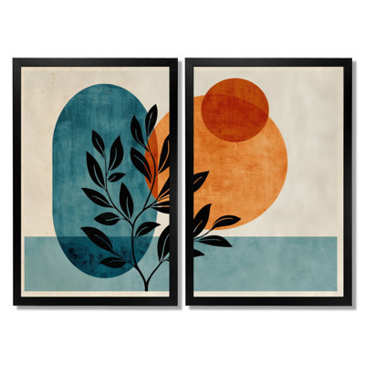 Bleu et orange, plante géométrique minimaliste bohémienne - art botanique sur toile, art mural botanique bleu 2 pièces