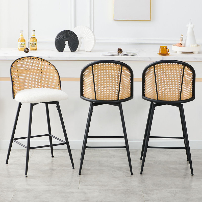 361° Swivel Upholstered Rattan Counter Height Bar Stool, Black/Natural, Blanc