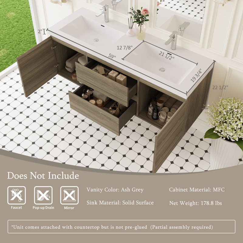 Grand meuble-lavabo de 60 po avec lavabo, armoire murale flottante avec double évier à surface solide, 2 tiroirs à fermeture douce et 2 portes, entièrement assemblé, gris cendré