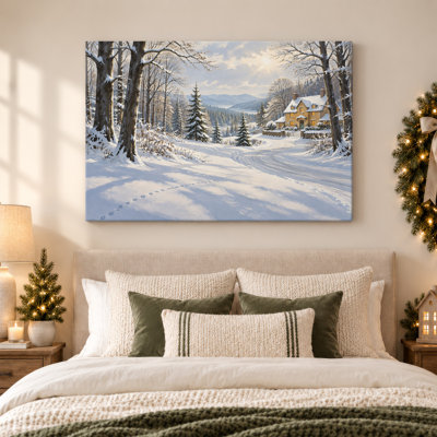 «Snowy Cottage in Sunlit Mountain Forest Christmas», art mural sur toile