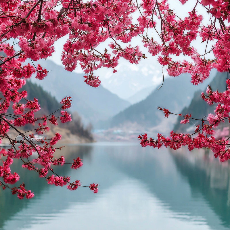«Blossom Reflection - Pink Cherry Blossoms Over Lake», art mural sur toile