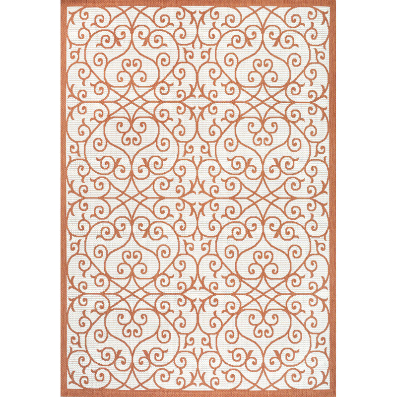 Deronte Vintage Filigree Textured Weave Cream/Orange Indoor/Outdoor Rug, Rectangle 3'1" x 5'