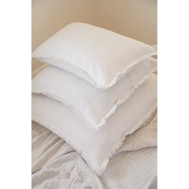 Natural Beige and White Striped Linen Fringe Pillow