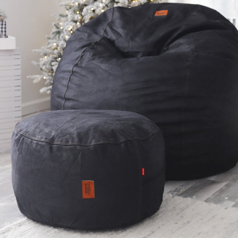 Upholstered Pouf, Black Faux Leather