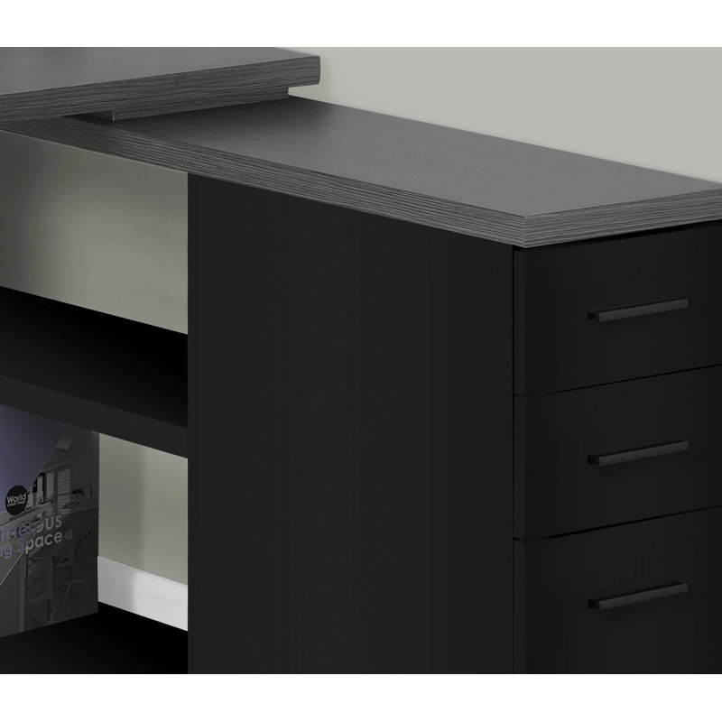Contemporary L-Shape Computer Desk With Storage Drawers, Adjustable Shelf, And Black Metal Frame For Modern Home Office