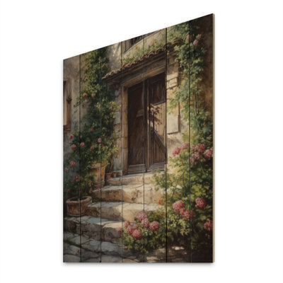 Porte de village remplie de fleurs II - porte de ferme et fenêtres imprimées sur bois de pin naturel