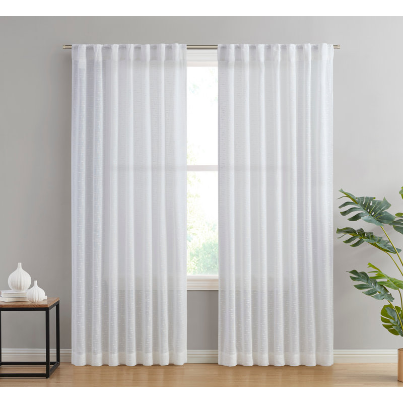 Huttonsville Textured Slub Faux Linen Semi-Sheer Rod Pocket Curtain Panels, 2 Panels, White, 54" W x 96" L