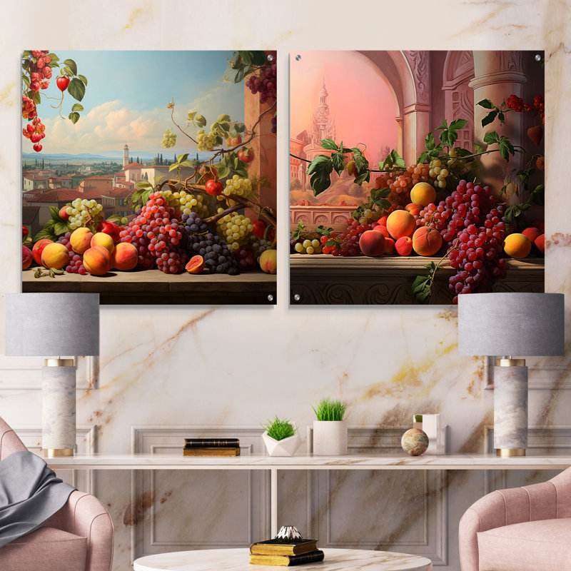 Ensemble de 2 verres à vin en forme de fruits sur bois, H 16 po x l 33 po
