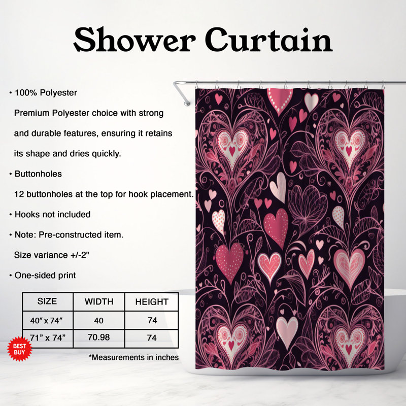 Rideau de douche 1 pièce Pink Hearts, H 74 po x l 71 po