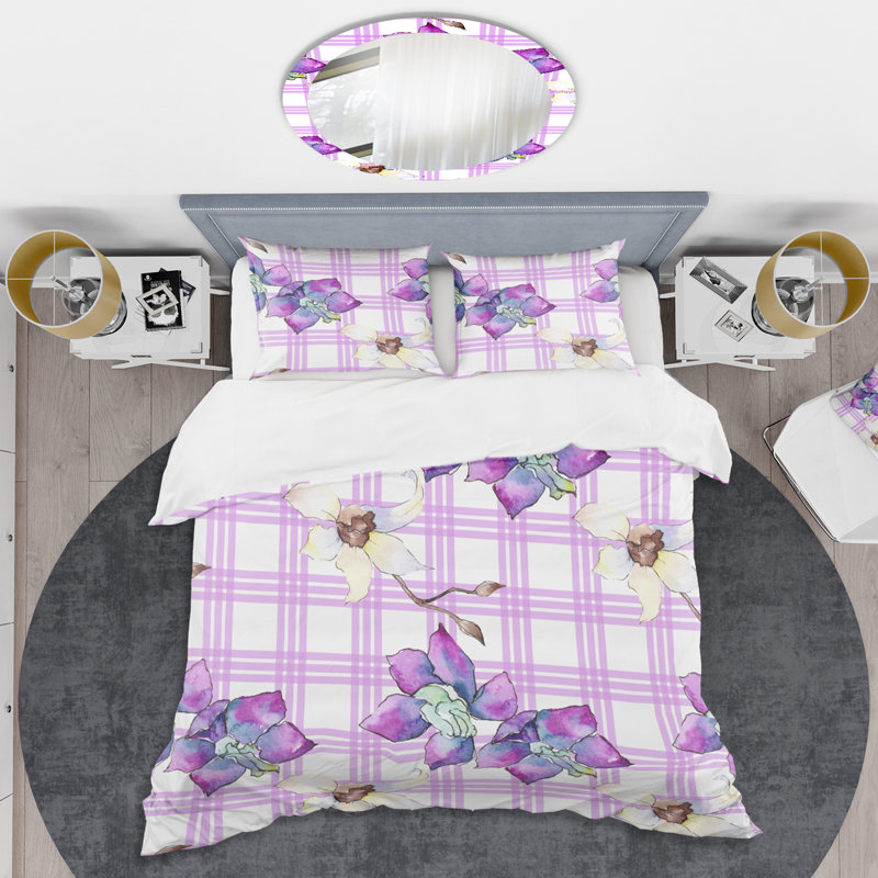 Retro Art Deco - Mid century bedding set - Modern Mid-century Bed cover set, Twin Duvet Cover + 1 Sham, Purple Floral 324