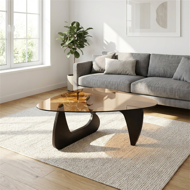 Table basse spacieuse à plateau en verre avec une base en chêne massif de qualité supérieure, pour le salon., Brun, Noir